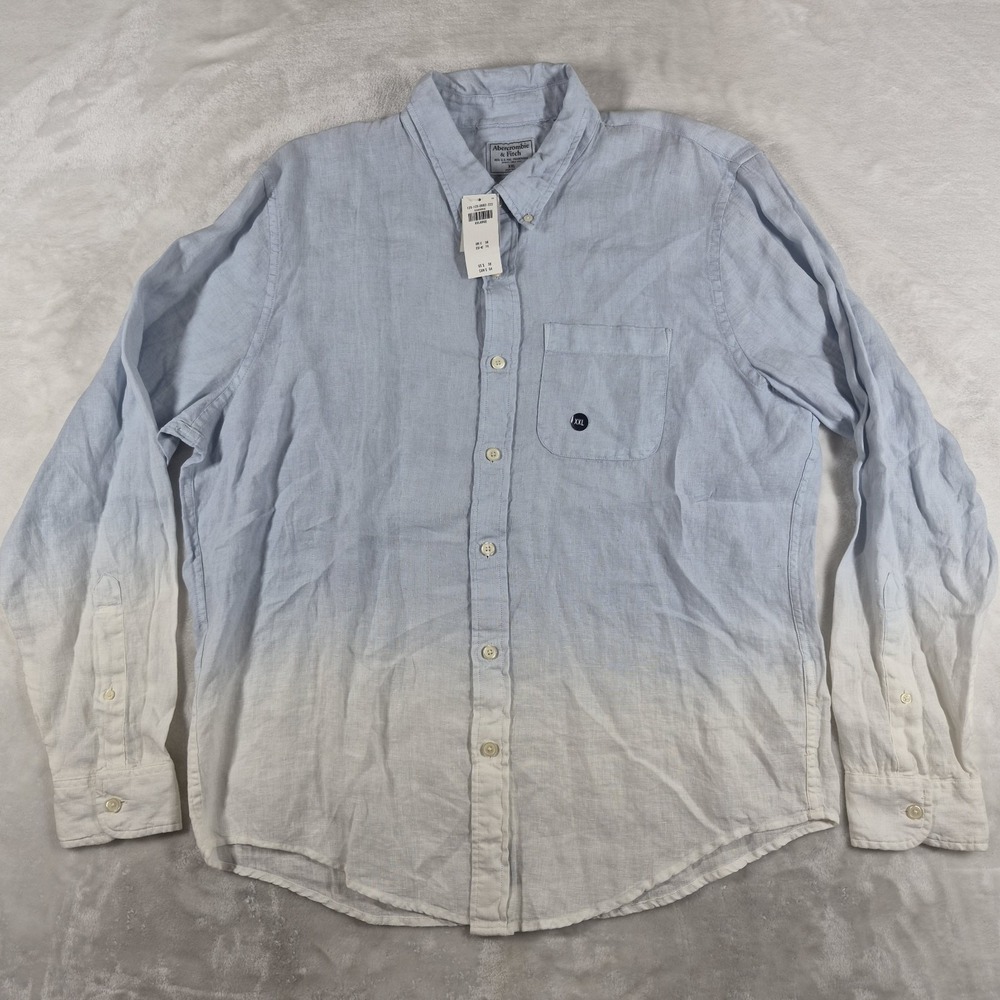 Abercrombie & Fitch Button Down Shirt Men's 2XL XXL Blue White 100% Linen NWT